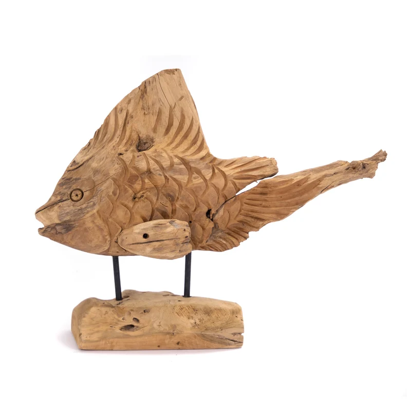 GESCHNITZTE FISCH FIGUR "ATLANTIS" | Teakholz | Maritime Skulptur