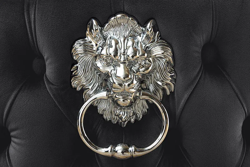 Edler Stuhl LEON Samt schwarz Löwenkopf Nieten Chesterfield