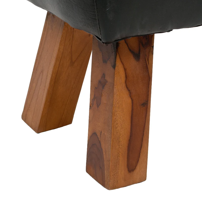 Leder Hocker MAXI Schwarz 40cm Teakholz Turnbock