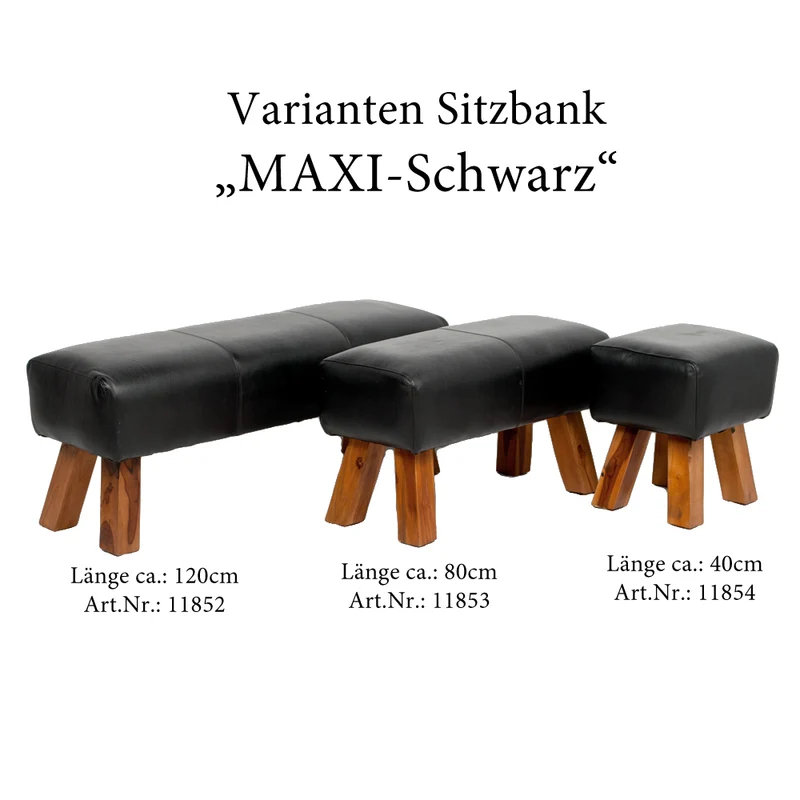 Leder Hocker MAXI Schwarz 40cm Teakholz Turnbock