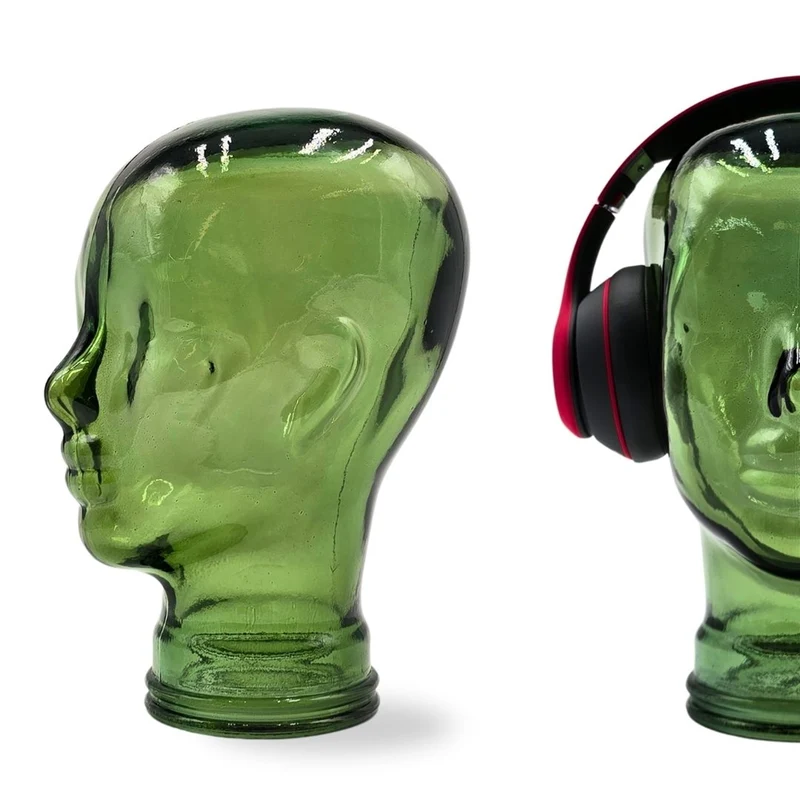 Glas KOPFHÖRERSTÄNDER transparent + satin | 29cm Glaskopf Skulptur | Farbe: T03 grün