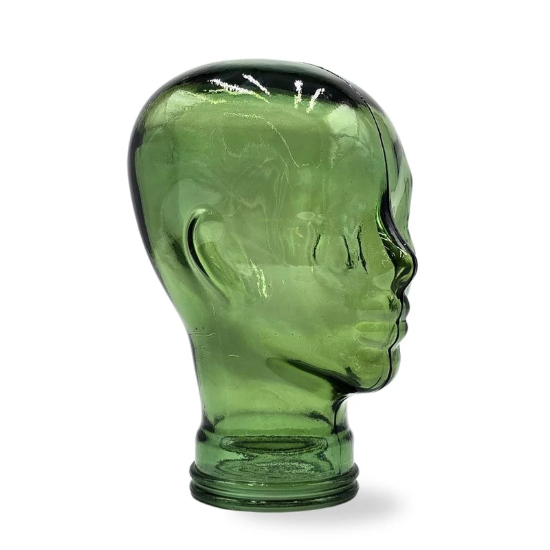 Glas KOPFHÖRERSTÄNDER transparent + satin | 29cm Glaskopf Skulptur | Farbe: T03 grün