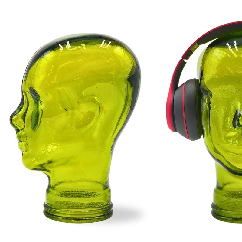 Glas KOPFHÖRERSTÄNDER transparent + satin | 29cm Glaskopf Skulptur | Farbe: T02 limette