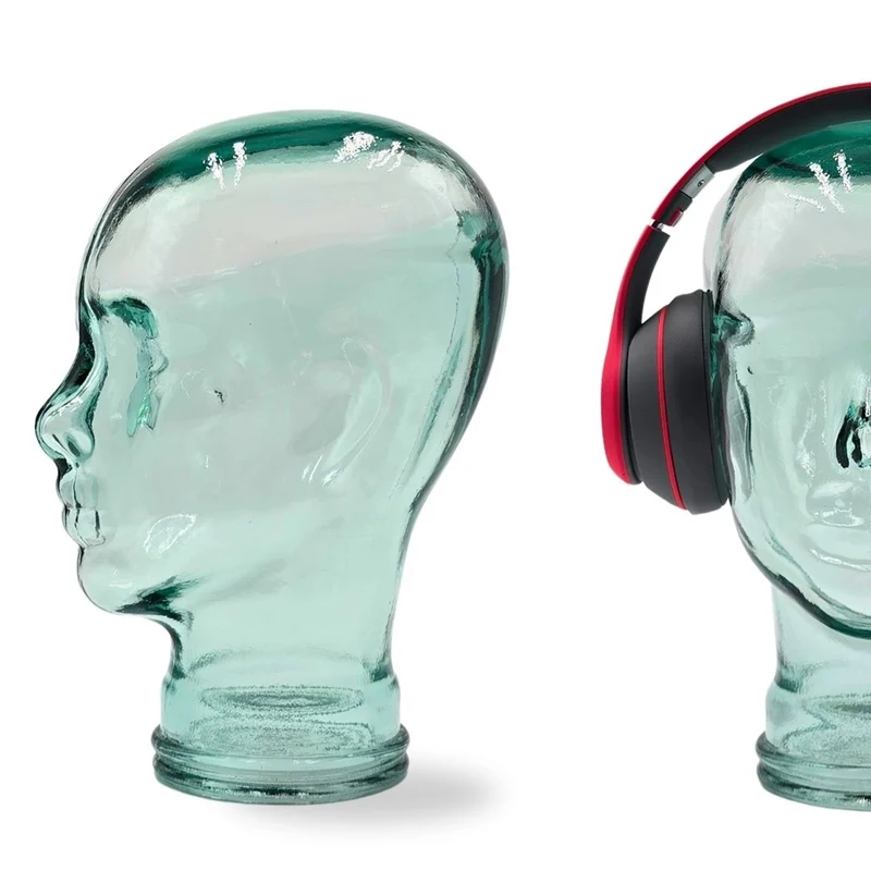 Glas KOPFHÖRERSTÄNDER transparent + satin | 29cm Glaskopf Skulptur | Farbe: T01 klar