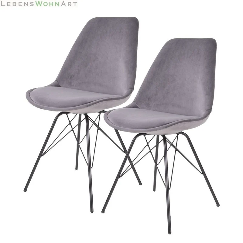 Klassiker Stuhl SCANDINAVIA (2er Set) in grau Samt - schwarze Beinen