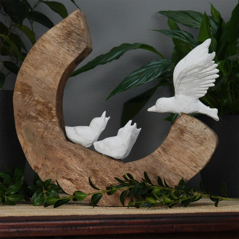 SKULPTUR "BIRD FAMILY" | Mangoholz, 29cm | Vogel Deko Objekt, Figur