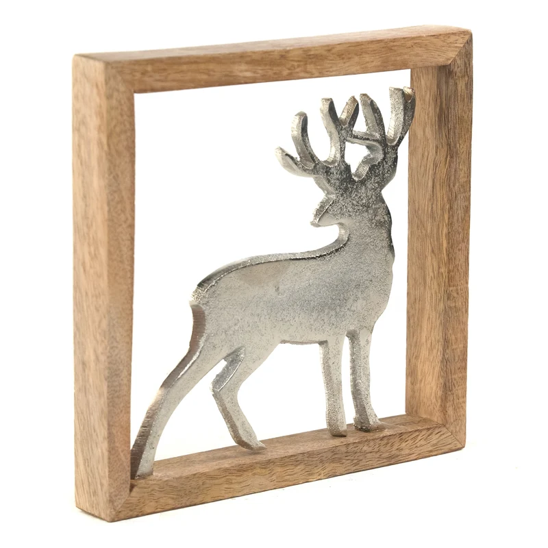 METALL WANDBILD | 20 cm, Metall, Mangoholz | Wanddeko | Muster: Hirsch