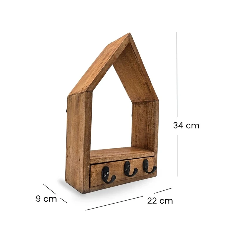 FLUR SCHLÜSSELBRETT "HOME" | 3 Haken, Massivholz | Haus Schlüsselhaken