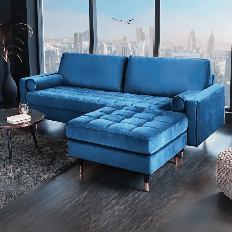 Moderner Hocker COMFORT 80cm blau Samt Taschenfederkern