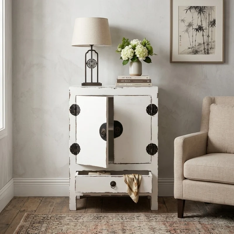 Massivholz Kommode ASIA 85cm Shabby Weiß