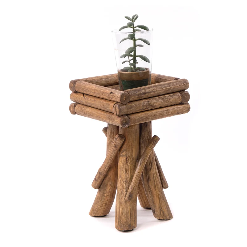 BLUMENHOCKER "TWIST" | Teak | rustikaler Holzhocker | Größe: medium