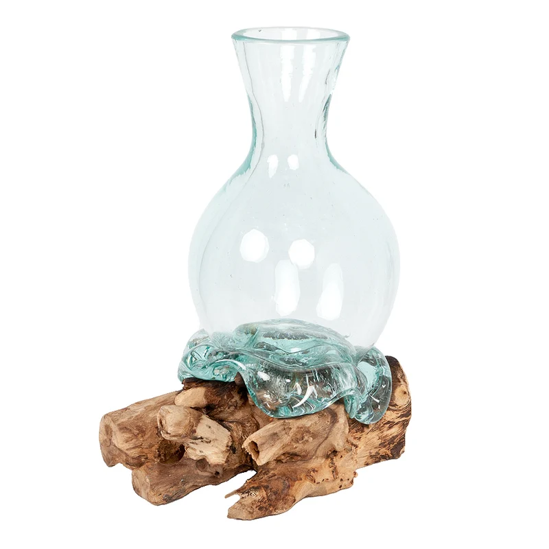 Individuelle Teak Blumenvase DROP ca. H45cm Unikat Glas-Kunstwerk