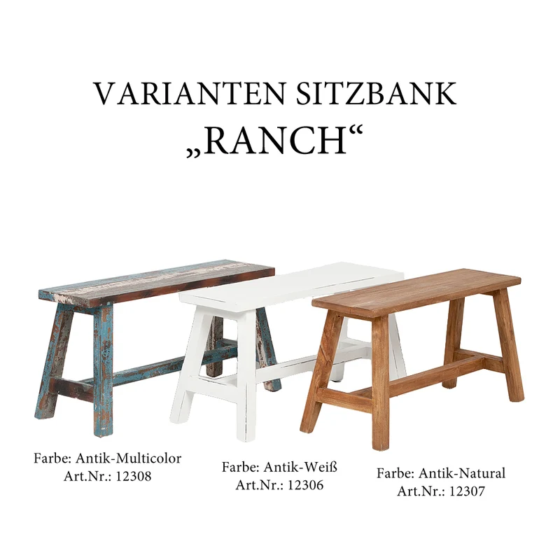 Massivholz Sitzbank RANCH 90cm Antik-Multicolor Mahagoni