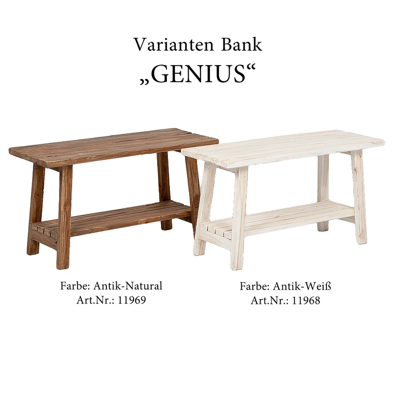 Massivholz Bank mit Ablage GENIUS 90cm Antik-Natural Schuhregal