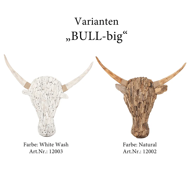 Individuelles Wand Deko-Objekt BULL-BIG ca.120cm White-Wash