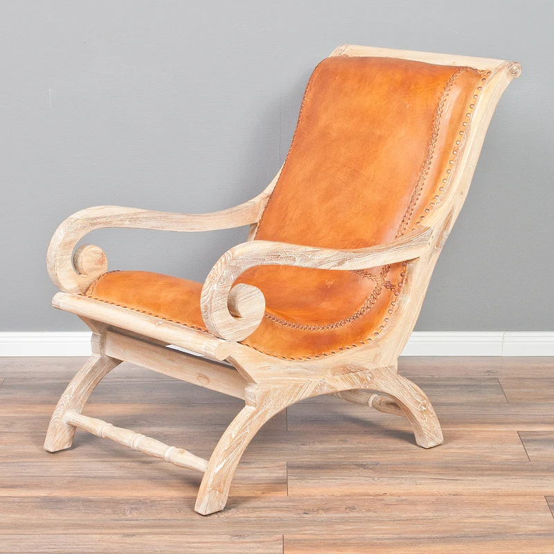 Ledersessel BAHIA Teak White Wash mit Hocker