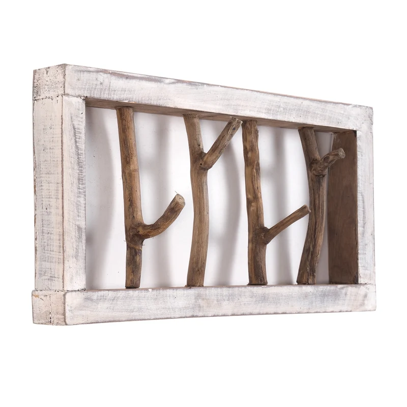 GARDEROBENLEISTE LIMB | 45x23cm(BxH) Treibholz Wandgarderobe mit Ästen | Farbe: 05 weiß-natur