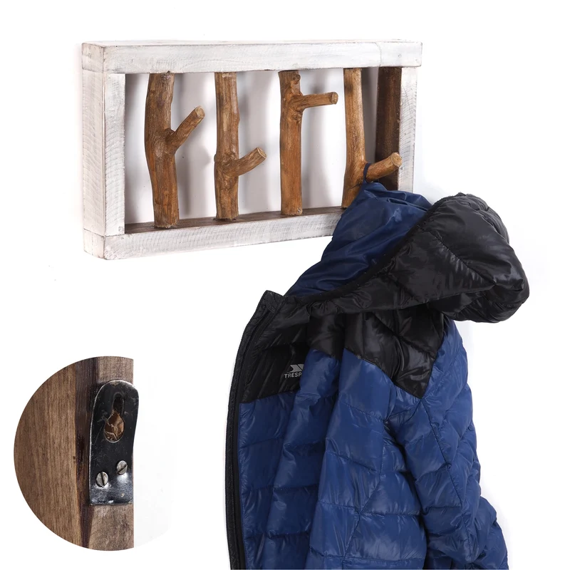 GARDEROBENLEISTE LIMB | 45x23cm(BxH) Treibholz Wandgarderobe mit Ästen | Farbe: 05 weiß-natur