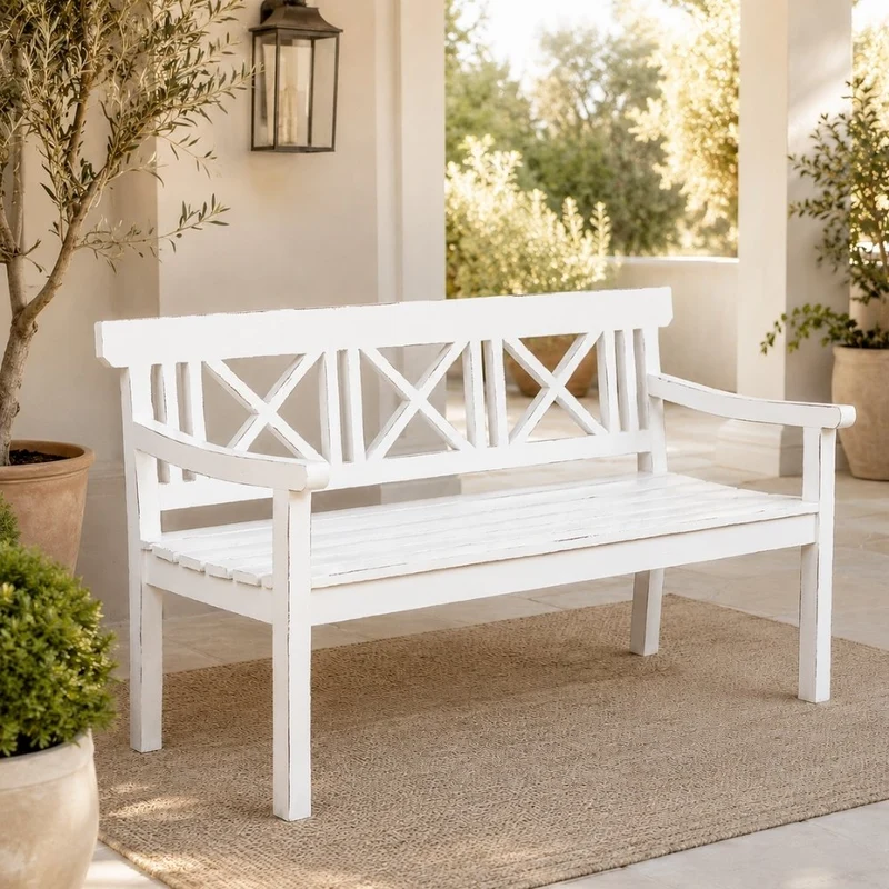 Massivholz 3-Sitzer Bank DRAHMA Antik-Weiß 150cm Shabby-Look