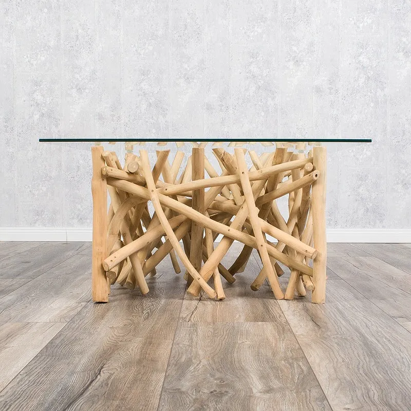 Teakholz Couchtisch DRIFT 80x80cm (oder kleiner) Glasplatte Natural