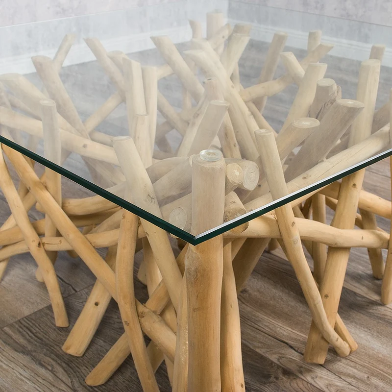 Teakholz Couchtisch DRIFT 80x80cm (oder kleiner) Glasplatte Natural