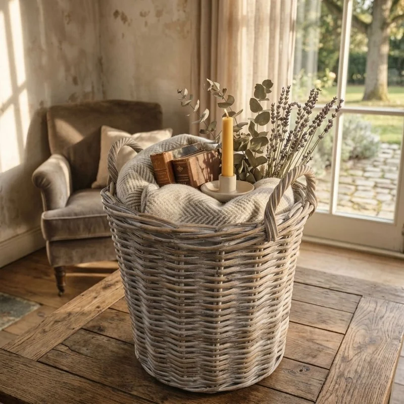 Natur Rattankorb BAKUL rund White Wash 40cm Pflanzkorb Inlay Griffe