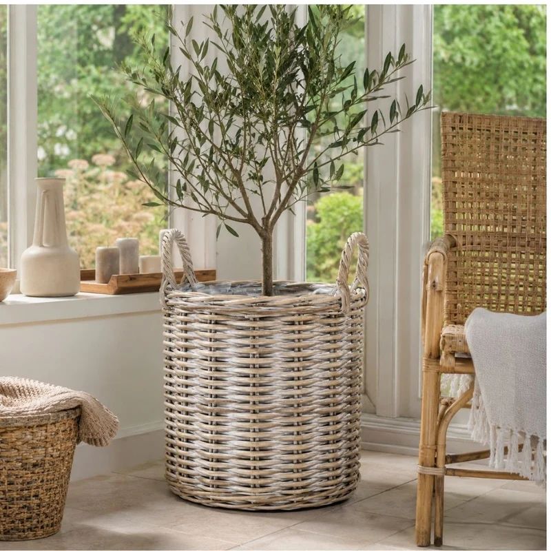 Natur Rattankorb BAKUL rund White Wash 30cm Pflanzkorb Inlay Griffe