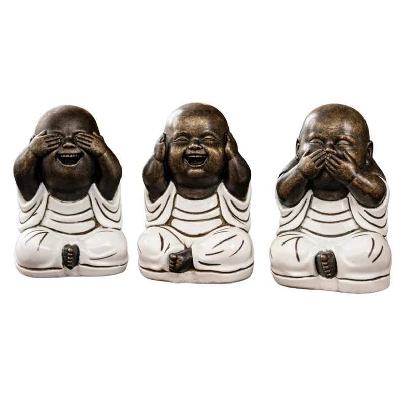 3er Set SHAOLIN Figuren Weiß aus Zement Buddha Figur Dekoration