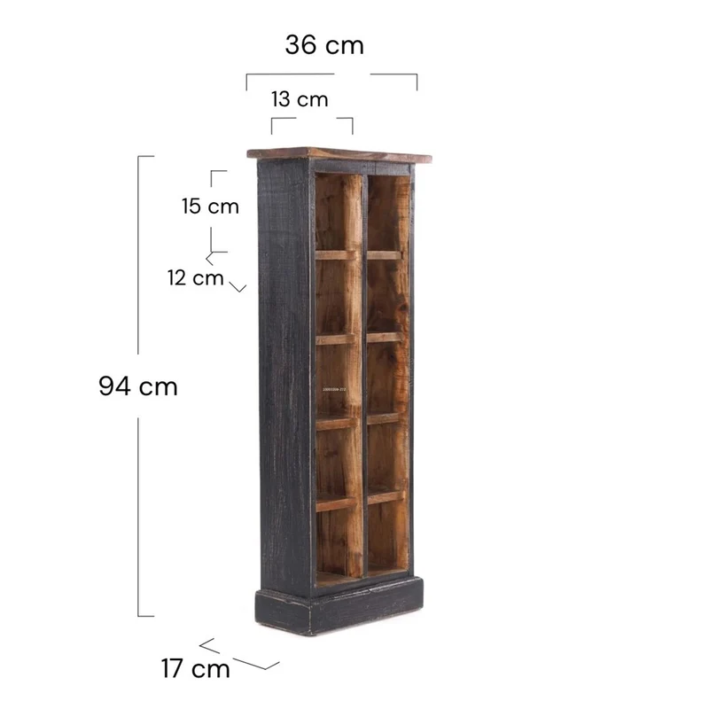 RUSTIKALES CD & BÜCHERREGAL NATURE | 94x36cm(HxB) Holzregal 10 Fächer | Farbe: 04 schwarz-natur