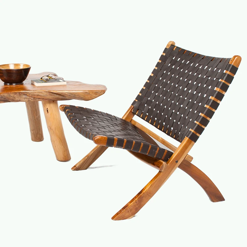Lounge-Stuhl ATANI Leder Dark-Brown 65x75x75cm Teak klappbar