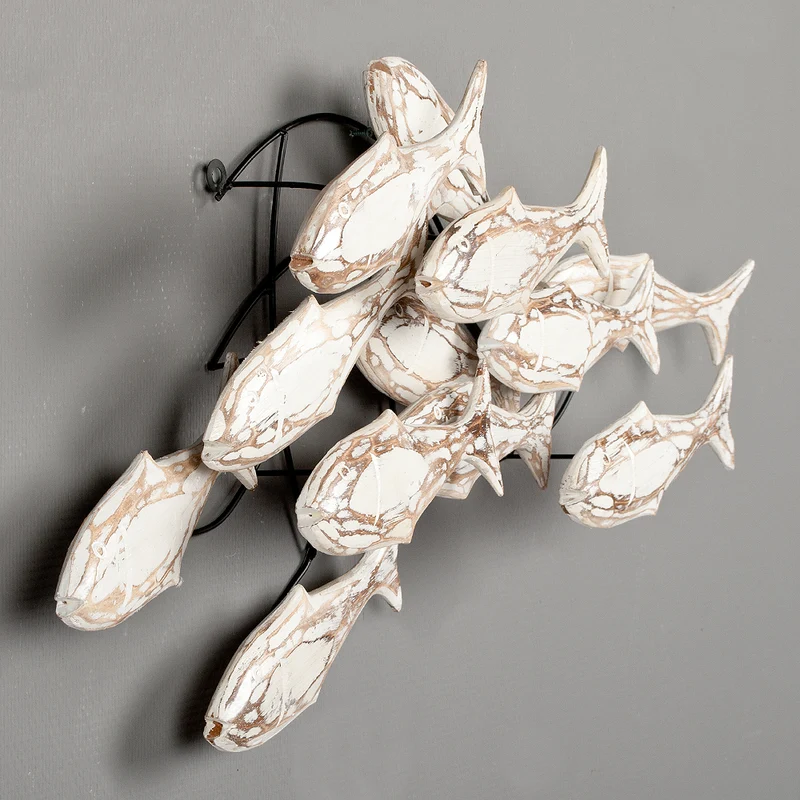 Wand-Deko IKAN White Wash ca. 80x40cm Albasia Holz Fische