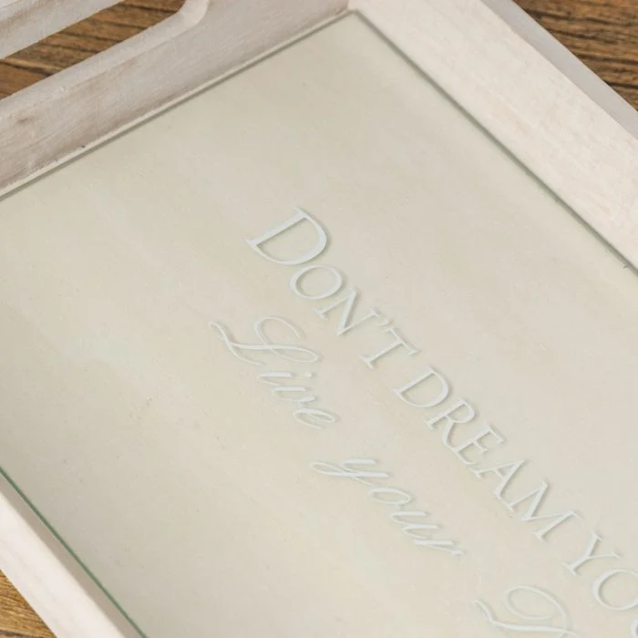 Design Tablett LIVE YOUR DREAMS mit Glasablage 41cm