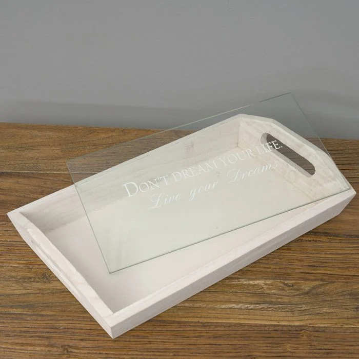 Design Tablett LIVE YOUR DREAMS mit Glasablage 36cm