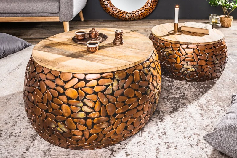 Extravagantes 2er-Set Couchtisch PIEDRA Aluminium kupfer Mangoholz