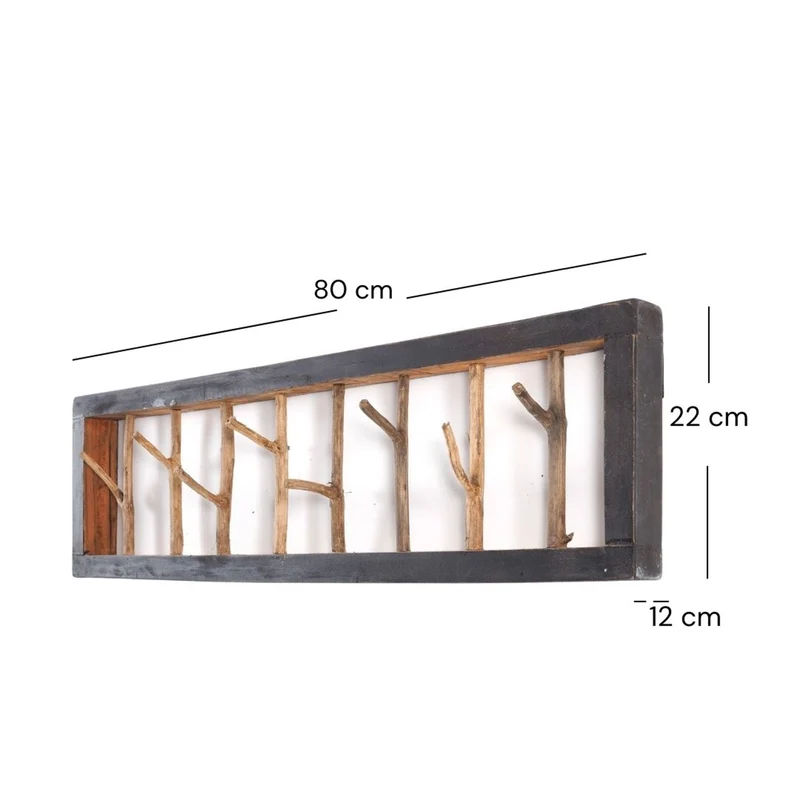 WANDGARDEROBE TREIBHOLZ UNIKAT | 80x22cm (BxH), Garderobe, Hakenleiste mit Ästen | Farbe: 04 schwarz-natur