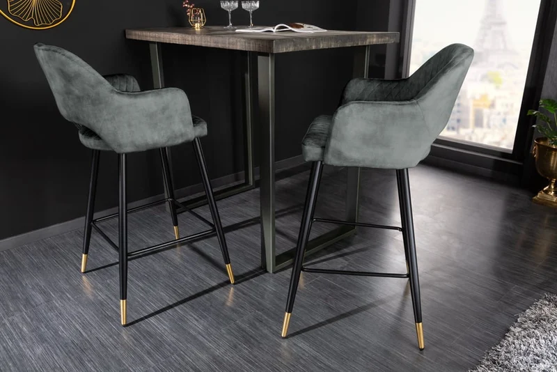 Design Barhocker FRANCE grau-grün Ziersteppung Armlehnen
