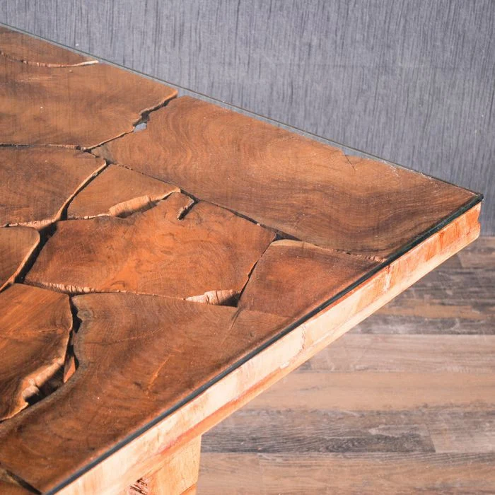 Massiver Couchtisch SQUARE aus Teakholz 80cm mit Glasplatte