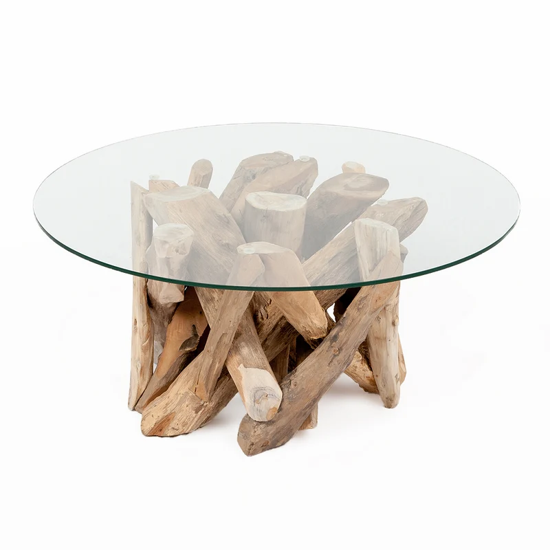 Individueller Teak Couchtisch TORA-rund Glasplatte D80cm