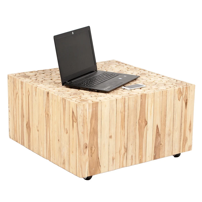 Moderner Teak Couchtisch EVA 80x80cm Natural auf Rollen