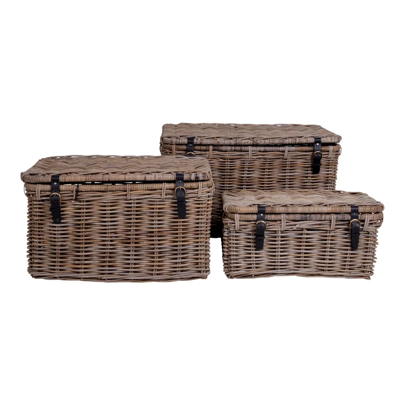 3 tlg.Truhen-Set KOPED Kubu-Rattan + Ledergriffen