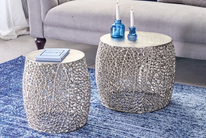 Extravagantes 2er Set Couchtisch RIXOS silber Metall Handarbeit