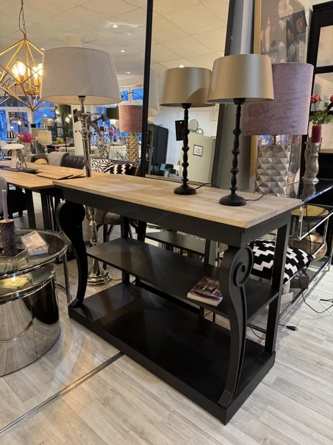 Konsole schwarz-Naturholz, klassischer Wandtisch schwarz , Konsole Landhaus schwarz, Breite 124 cm