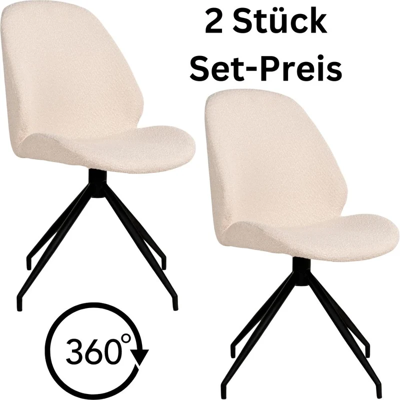 2er Set - Design Drehstuhl VIENNA creme-weiss Bouclé-Stoff