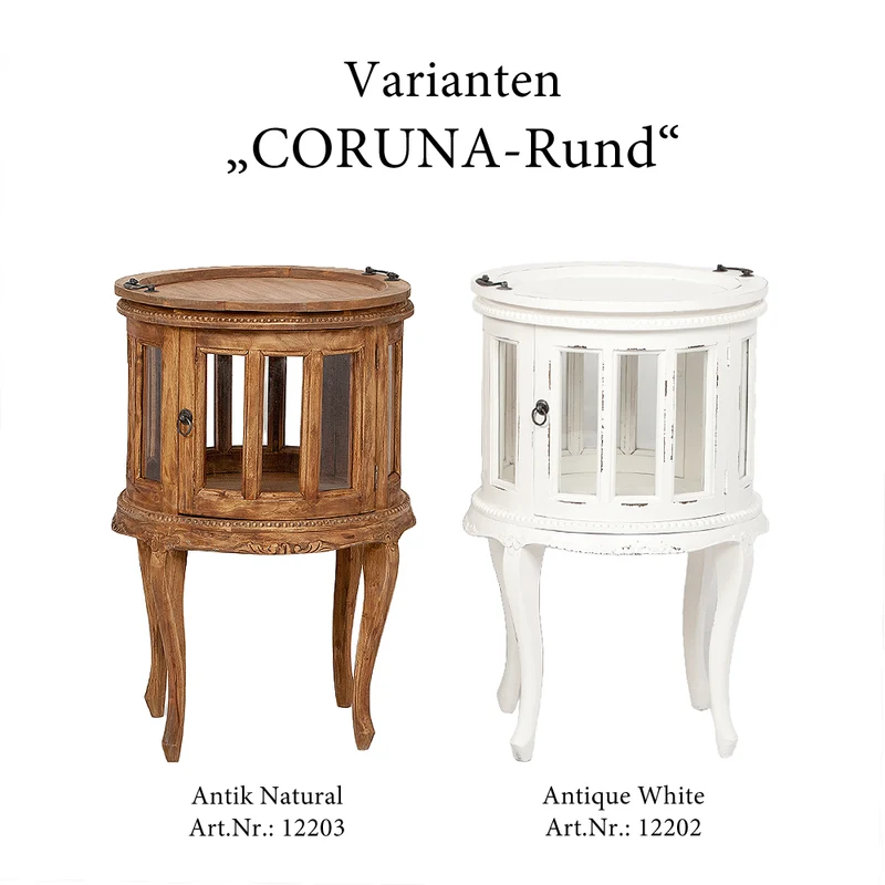 Massivholz Barschrank CORUNA-Rund 75cm Antik Natural Servier-Tablett