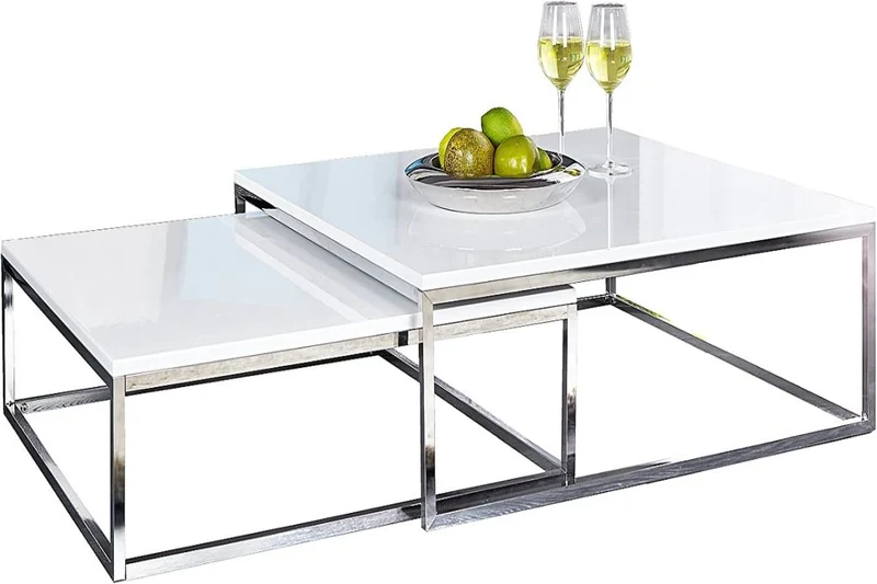 2er Set Design Couchtisch MENTO weiss hochglanz 75cm Edelstahl