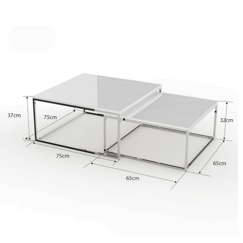 2er Set Design Couchtisch MENTO weiss hochglanz 75cm Edelstahl