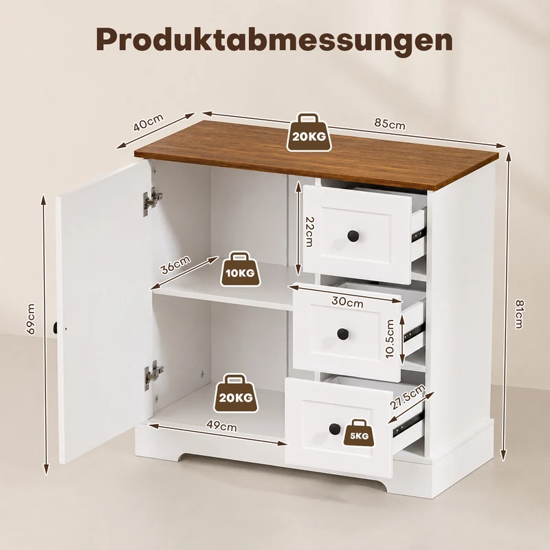 Yorbay Kommode mit 1 Tür & 3 Schubladen 85 cm