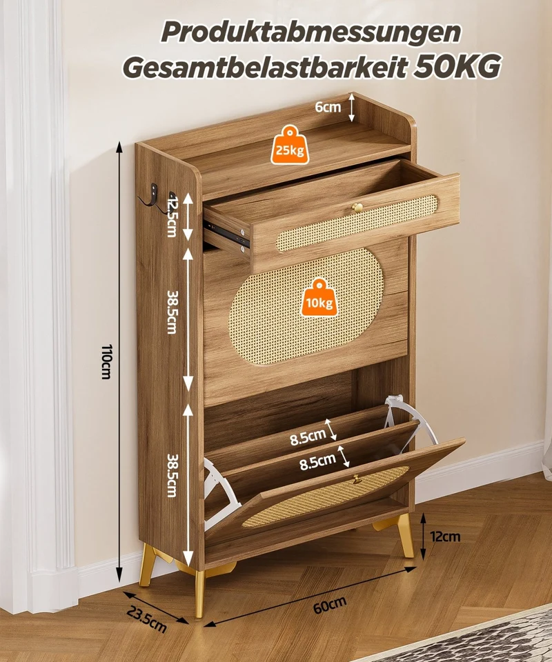 Yorbay Schuhschrank mit 2 Klappfächern & Schublade, 110,5 × 60 × 24 cm