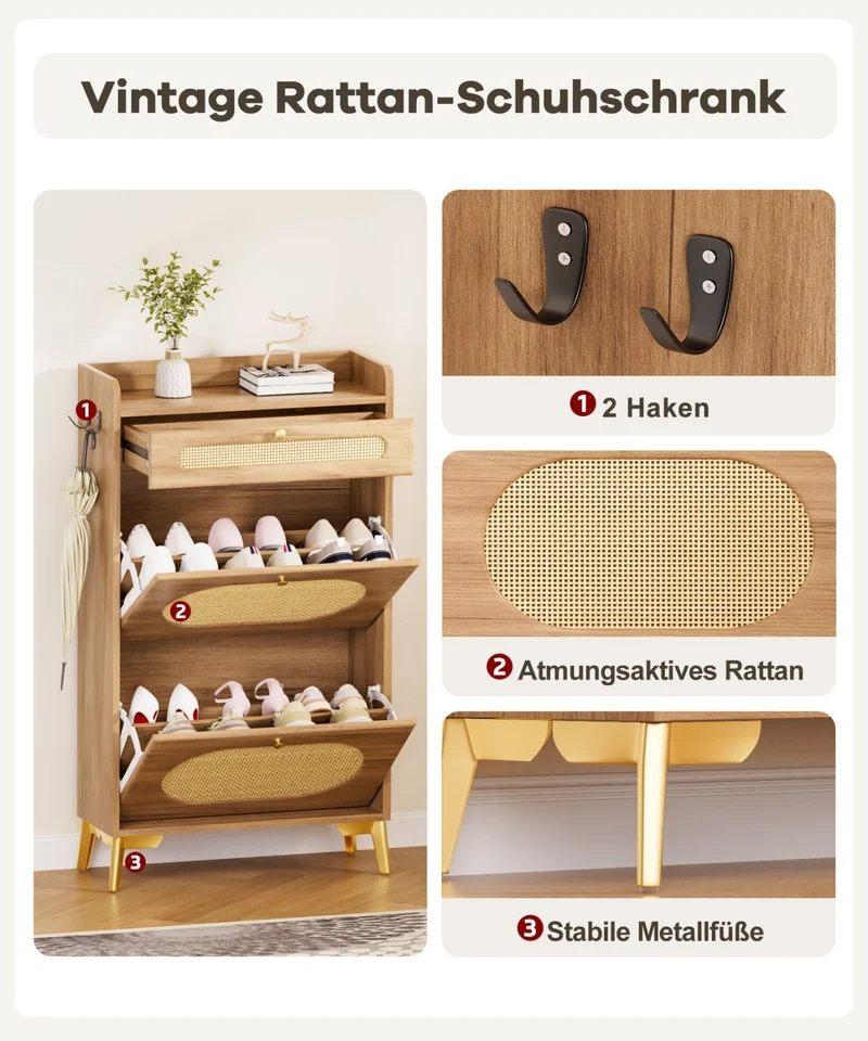 Yorbay Schuhschrank mit 2 Klappfächern & Schublade, 110,5 × 60 × 24 cm