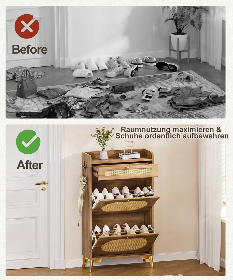 Yorbay Schuhschrank mit 2 Klappfächern & Schublade, 110,5 × 60 × 24 cm